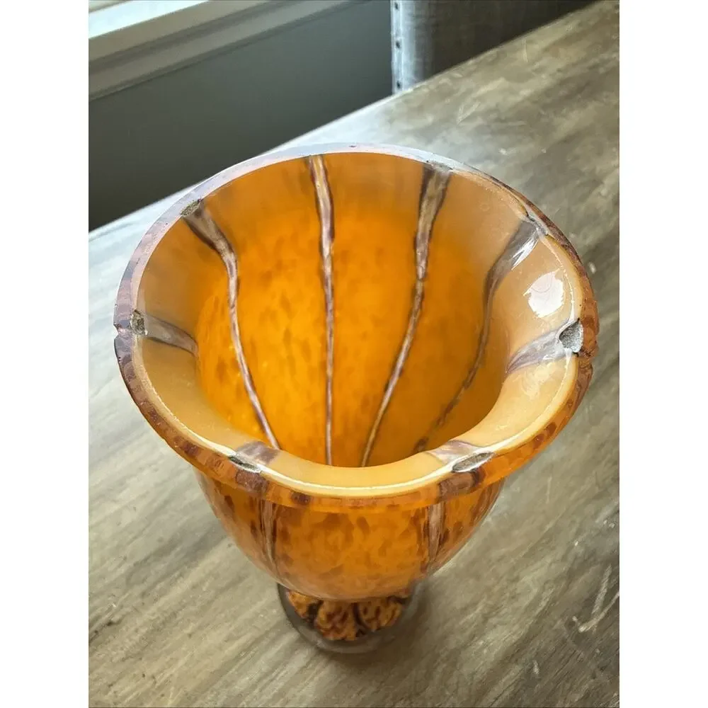 Franz Welz 1930s Bohemian Tango Art Glass Vase Orange Brown Zig‑Zag Spatter